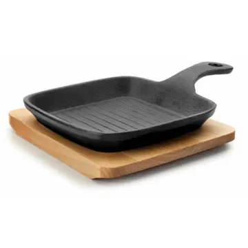 [125538] CAST IRON MINI GRIDDLE W/WOODEN BOARD 21x13.5x2.5CM